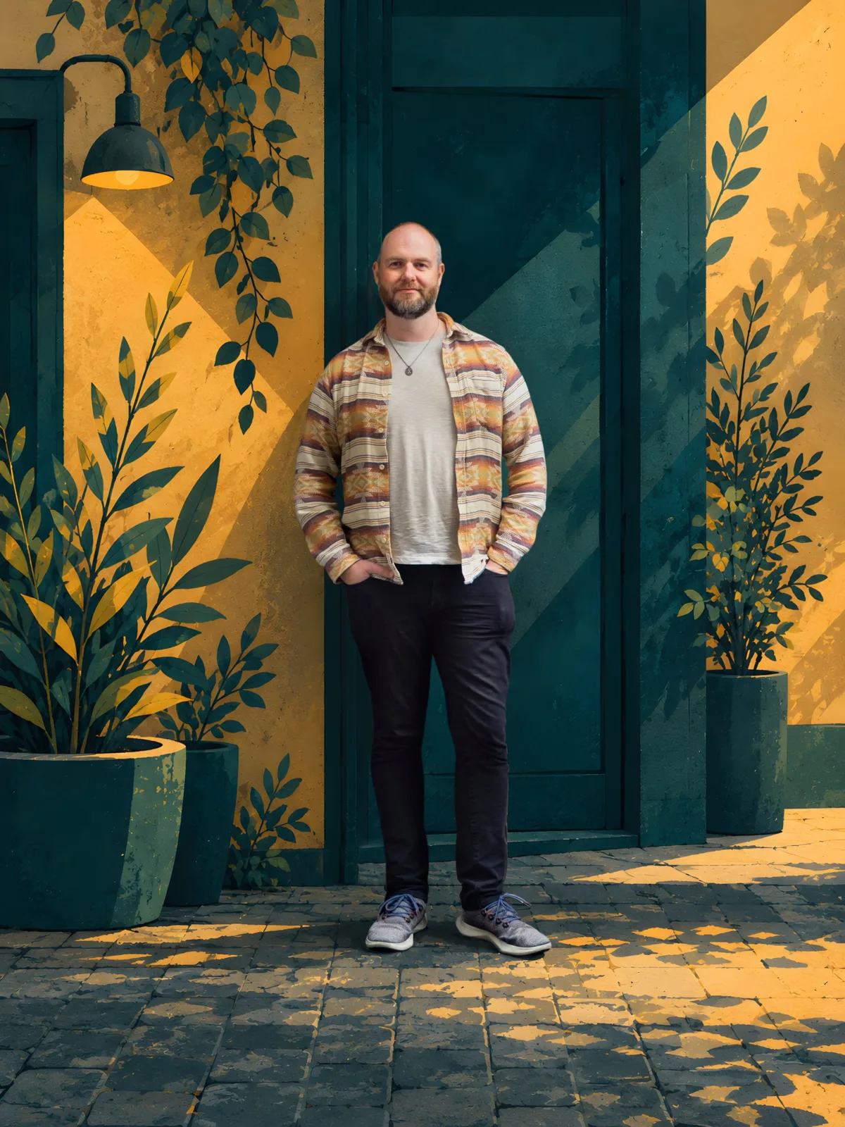 Danu standing at a deep teal door between painted plants