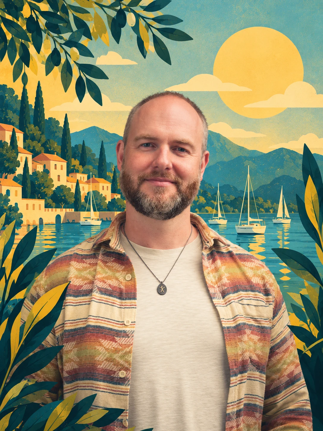 Danu Poyner in his striped overshirt, in a painted lakeside scene with sailboats, olive leaves and a low sun